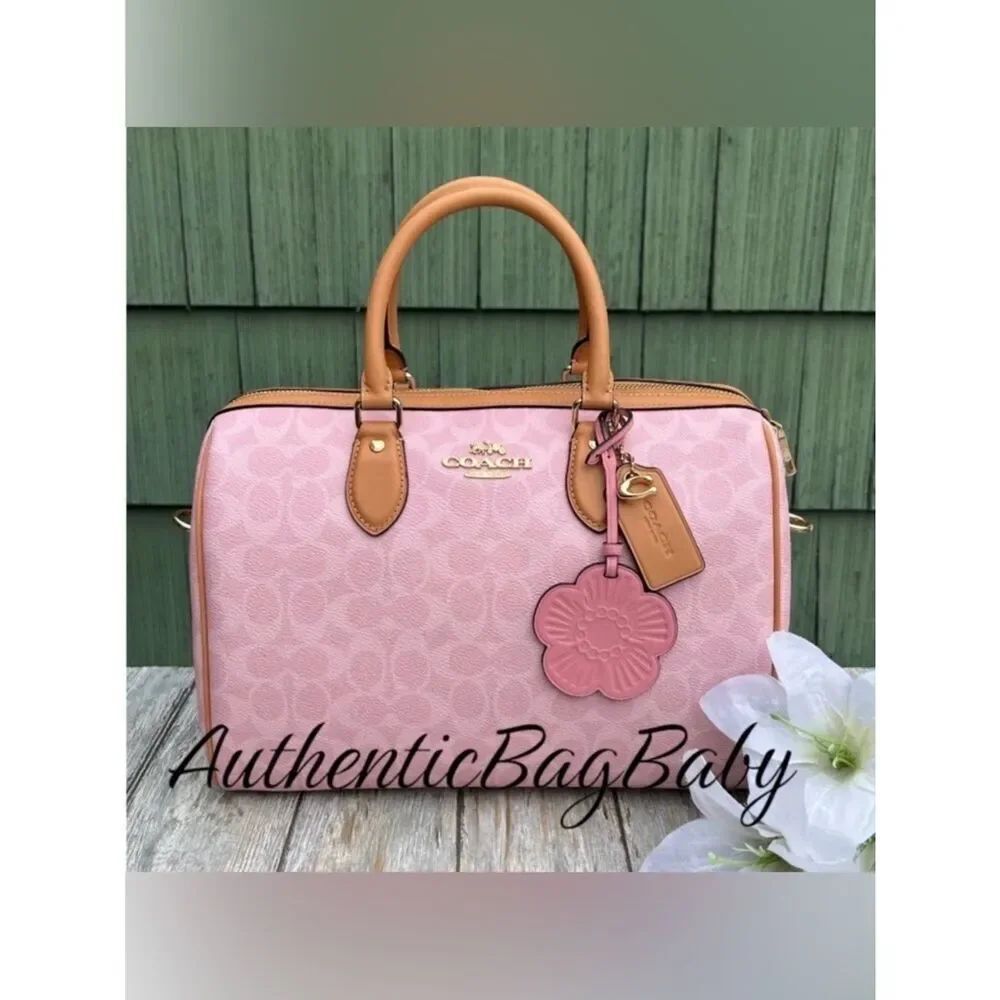 Coach Rowan Large Satchel Bag In Signature Canvas With Charms Powder Pink Purse